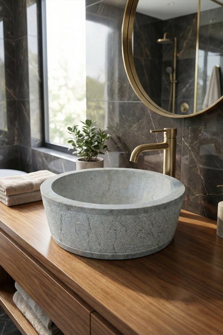 حوض حجر طبيعي دائري (رمادي مودرن) – مقاس 40 سم